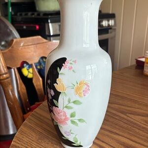 White Floral Porcelain Vase with Pink and Yellow Flowers
